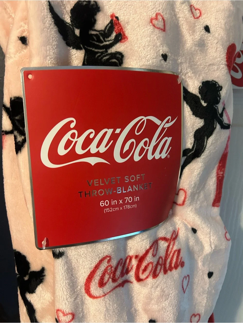 Coca Cola Throw Blanket 60”x70” Pink Cupid Hearts  Coke Can Hearts